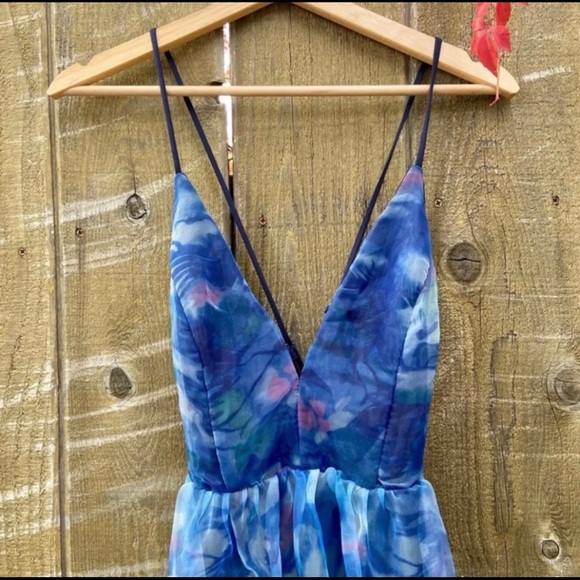 Navy Blue Watercolor Backless Organza Maxi Dress 🌿 - Picture 4 of 11